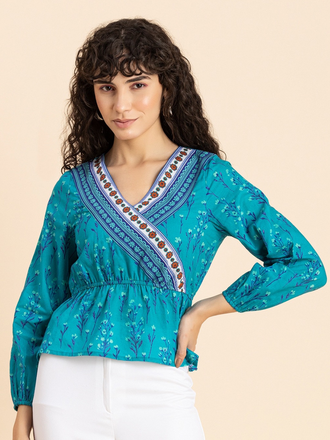 

Moomaya Floral Printed V-Neck Puff Sleeves Cotton Cinched Waist Top, Turquoise blue