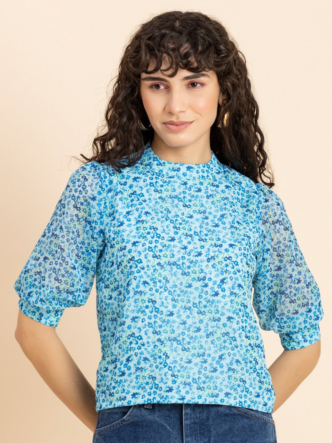 Moomaya Floral Printed Puff Sleeve Top, Blue