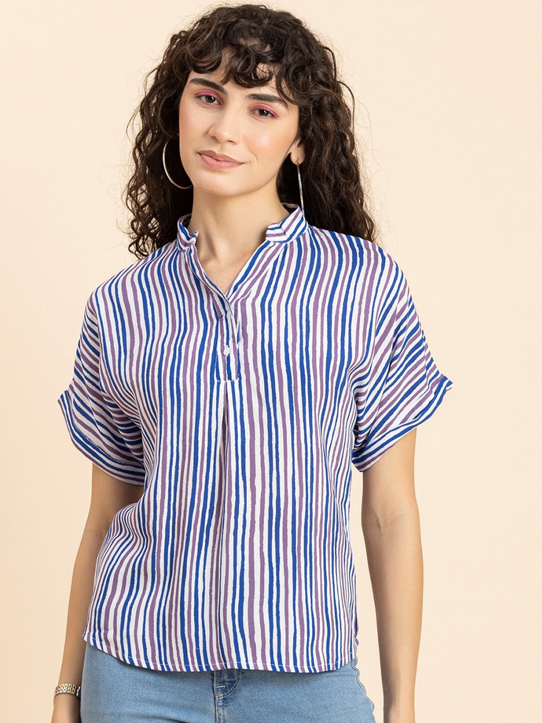 

Moomaya Striped Mandarin Collar Extended Sleeves Shirt Style Top, Blue