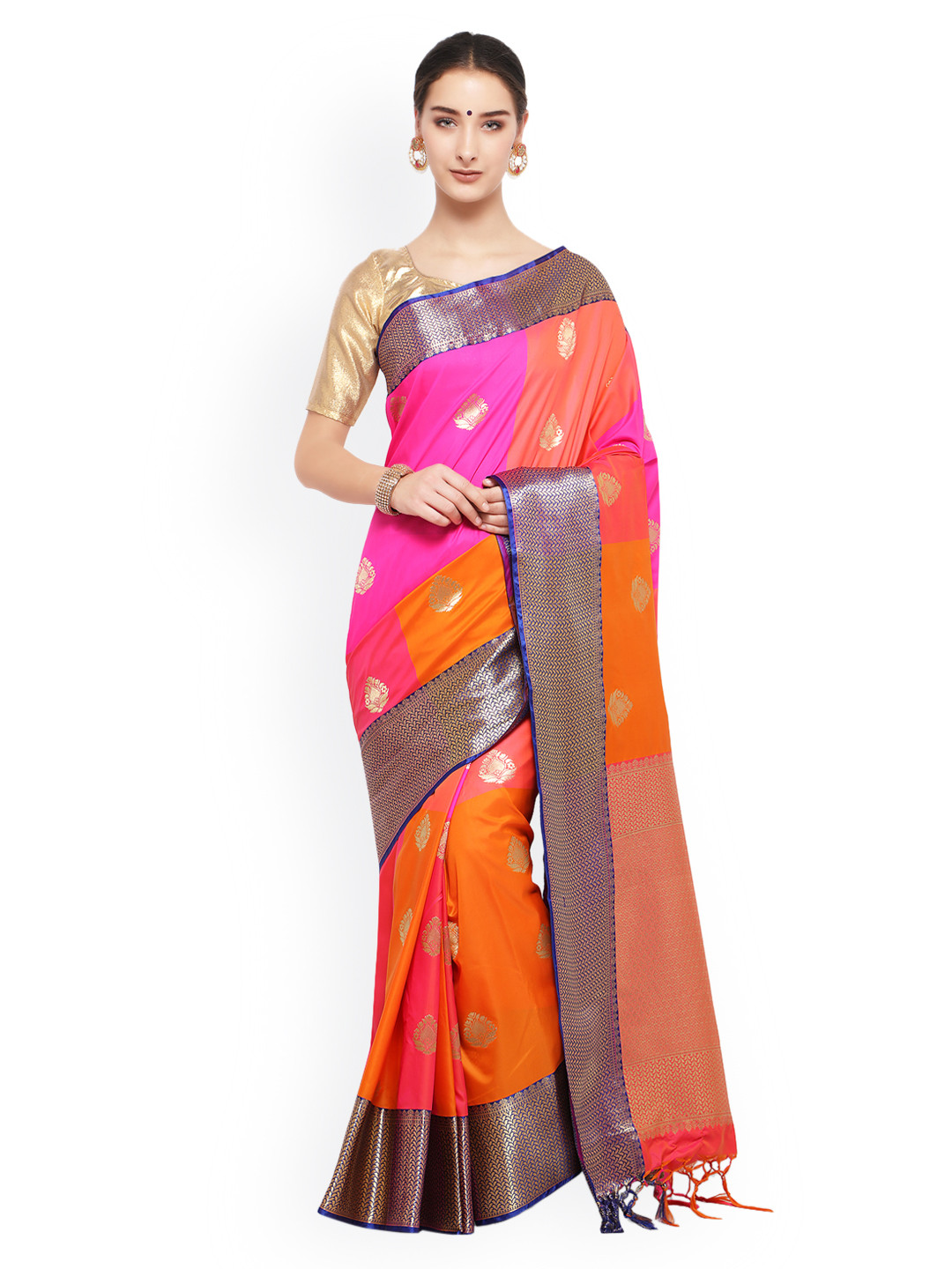 

Varkala Silk Sarees Orange & Magenta Silk Blend Colourblocked Kanjeevaram Saree