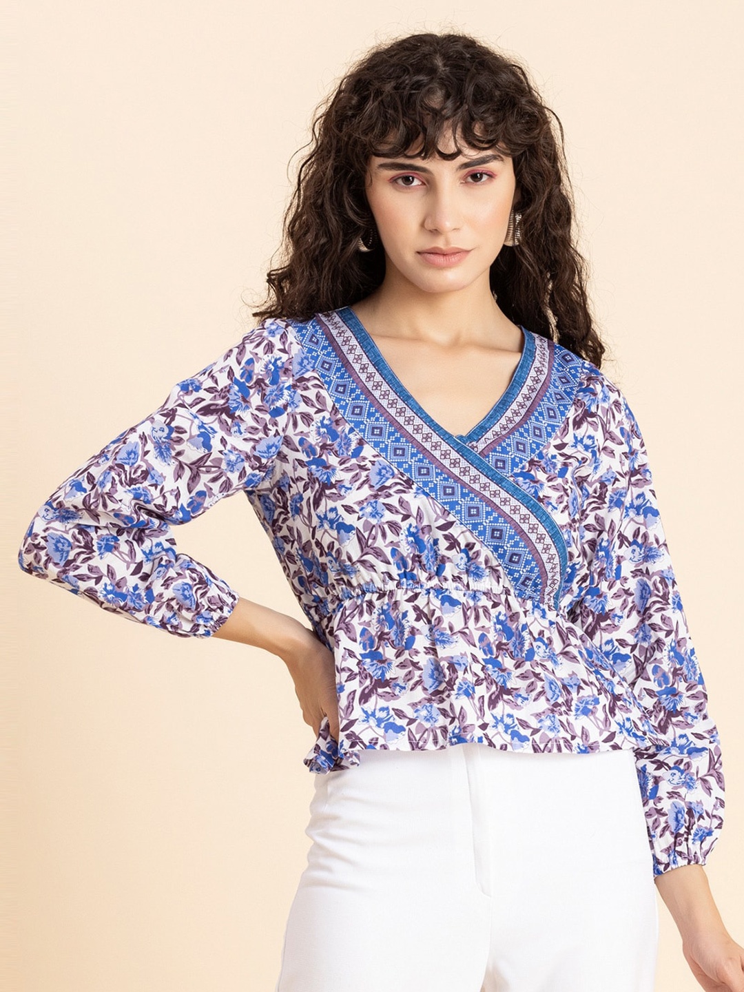 

Moomaya Floral Printed V-Neck Puff Sleeves Cotton Cinched Waist Top, White