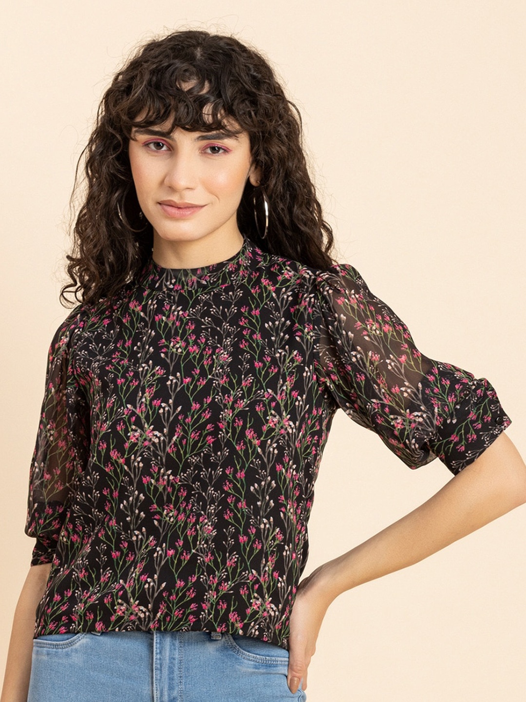 

Moomaya Floral Printed High Neck Georgette Top, Black