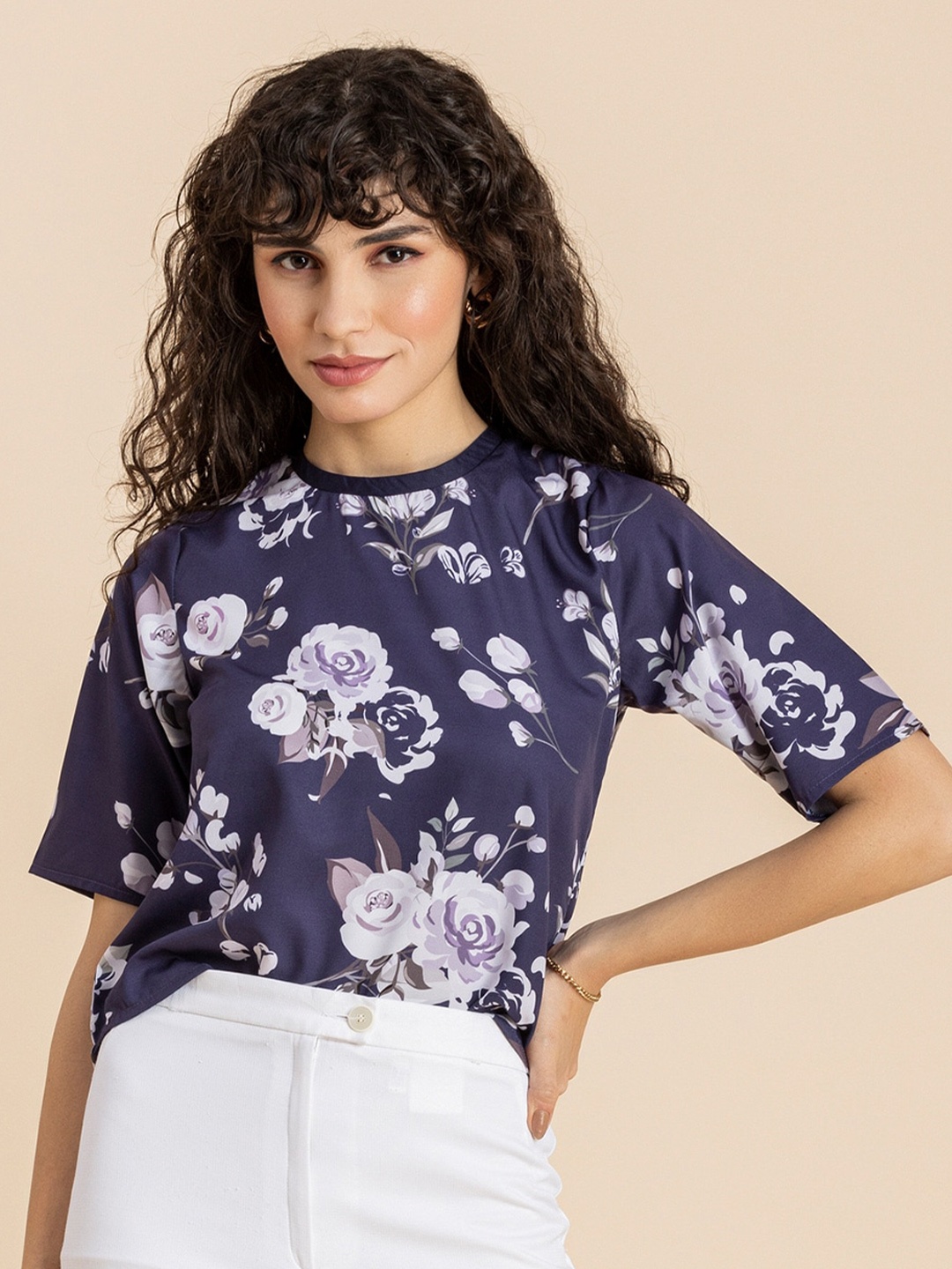 

Moomaya Floral Printed Crepe Top, Purple