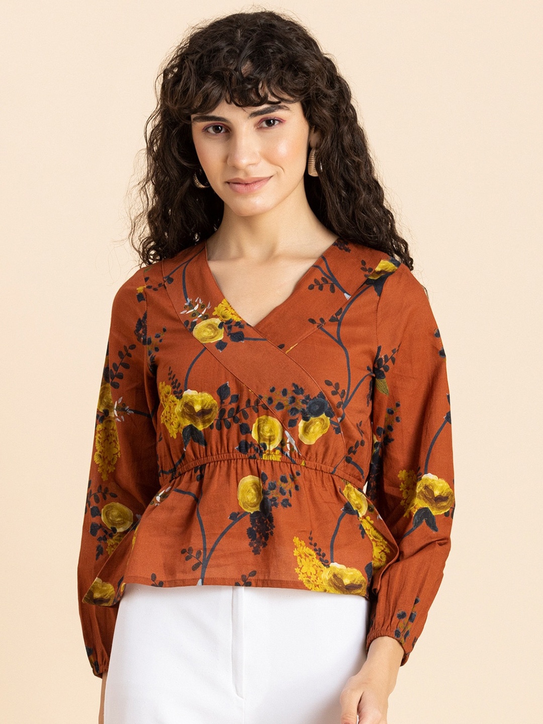 

Moomaya Floral Printed Cotton Top, Rust