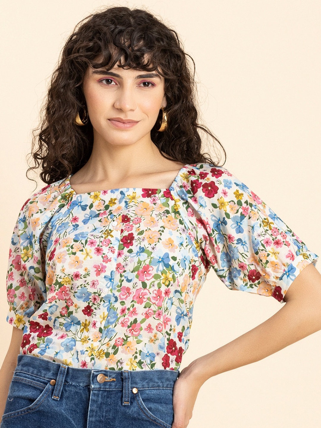 

Moomaya Floral Printed Square Neck Puff Sleeves Cotton Top, White