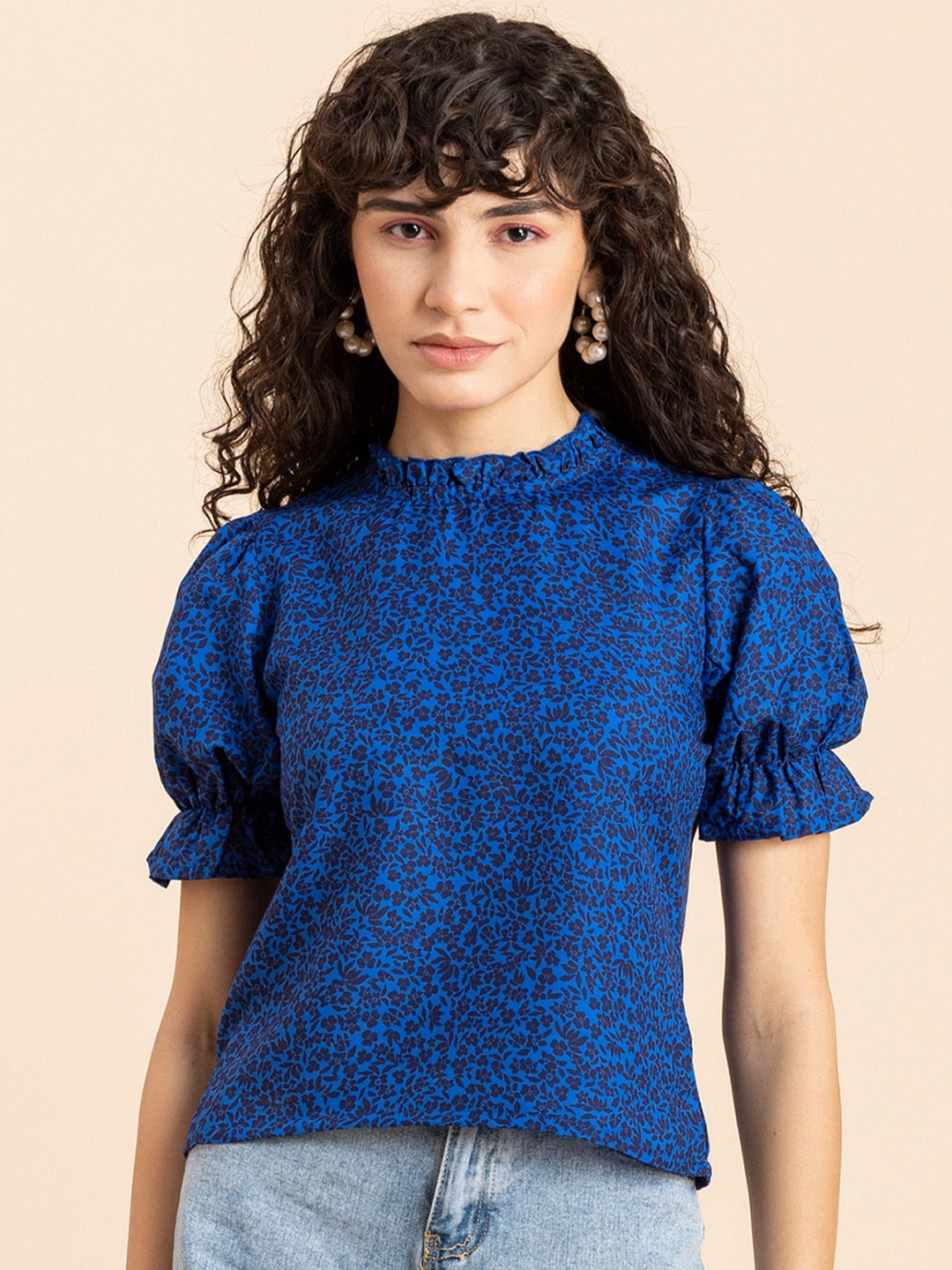 

Moomaya Geometric Printed Puff Sleeve Top, Blue