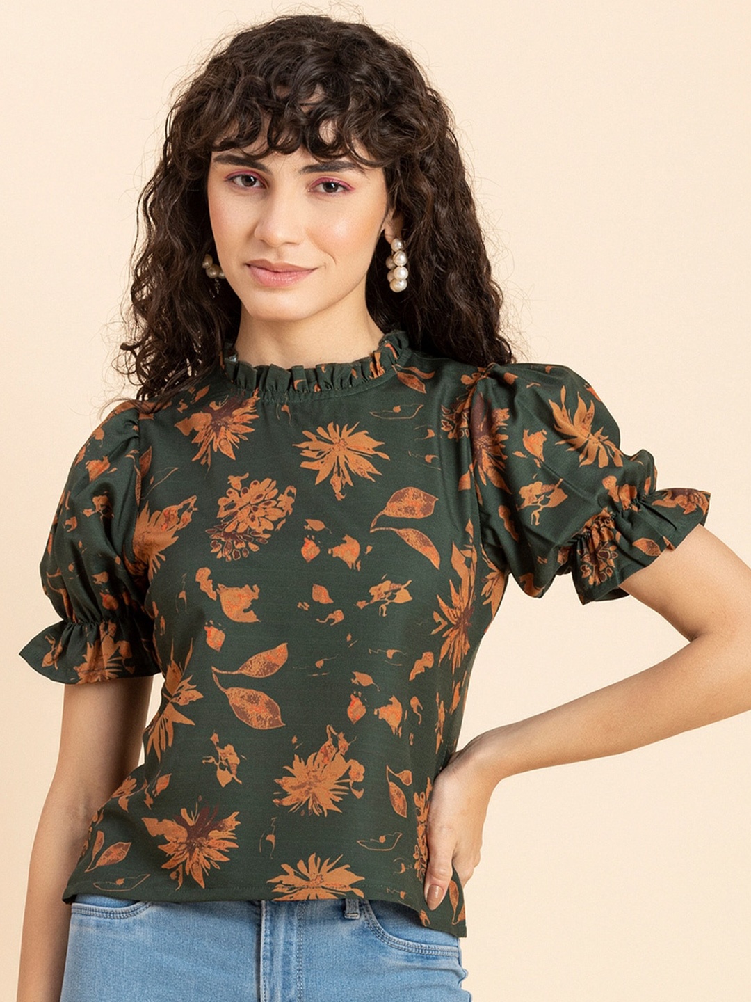 

Moomaya Floral Printed Puff Sleeves Ruffles Top, Green