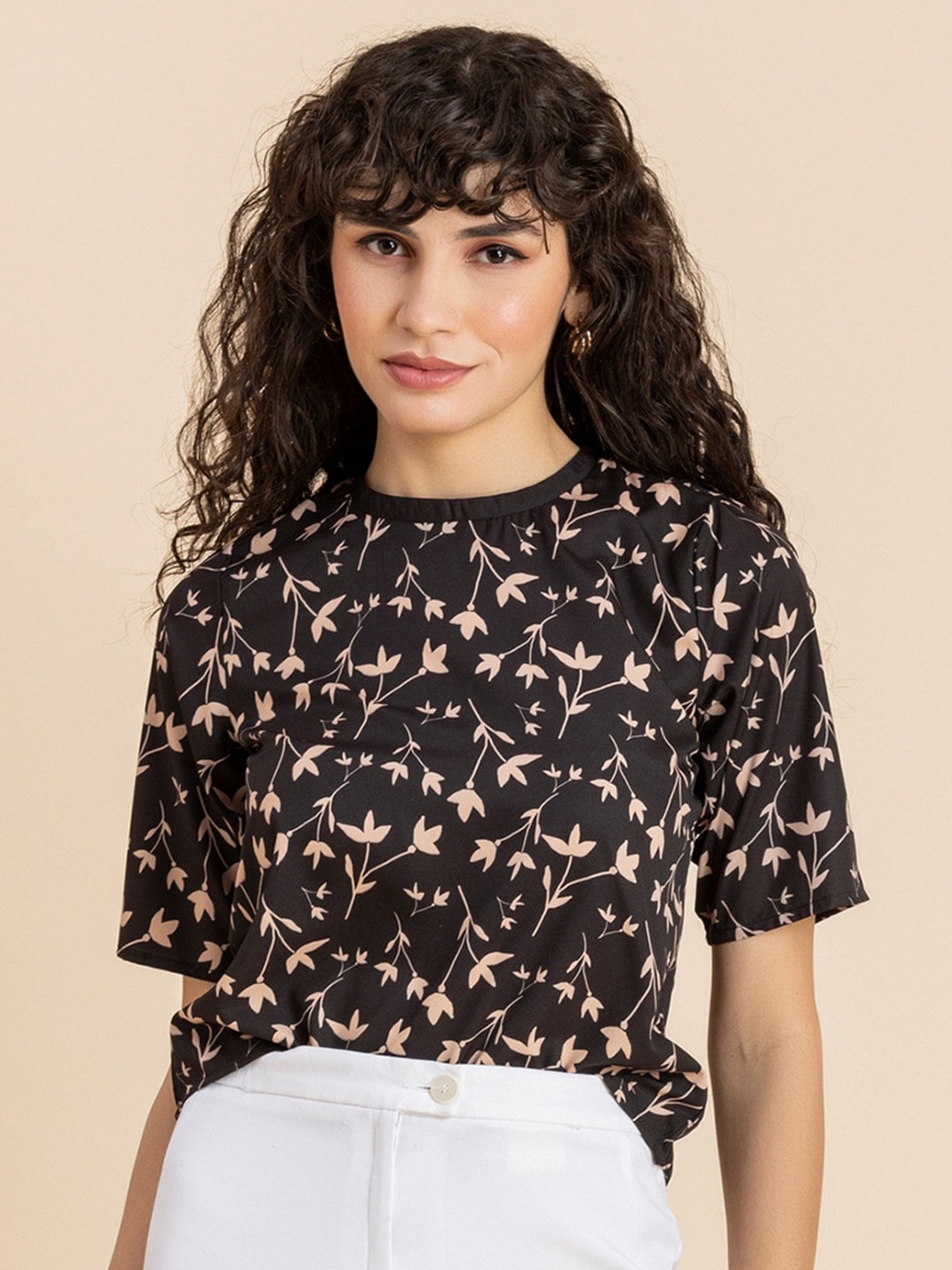

Moomaya Floral Printed Round Neck Crepe Top, Black