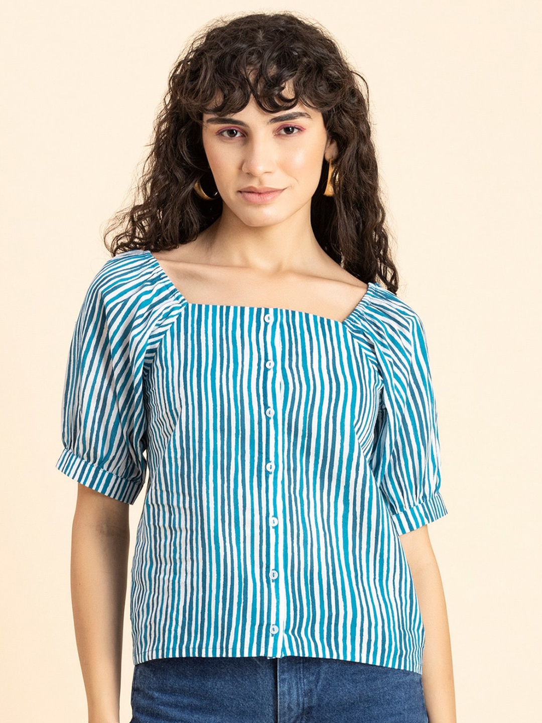 

Moomaya Striped Square Neck Cotton Top, White