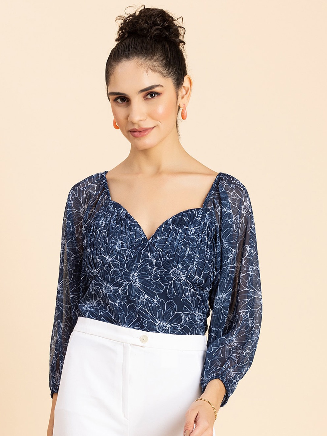 

Moomaya Floral Printed Puff Sleeves Georgette Crop Top, Navy blue