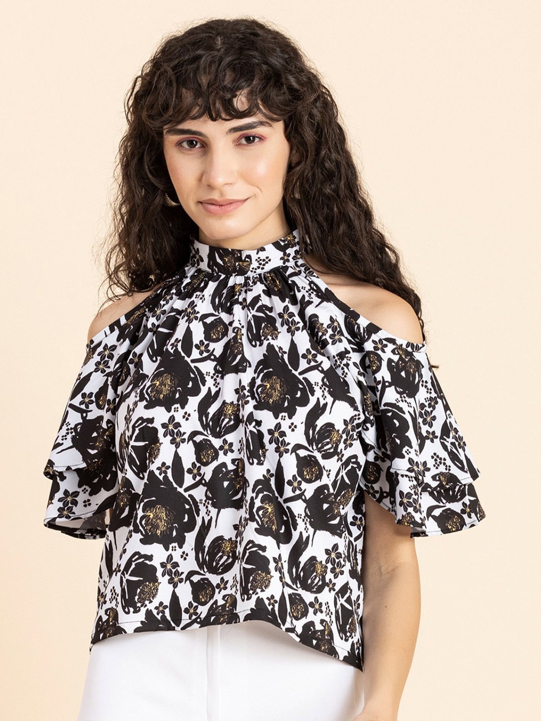 

Moomaya Floral Print Cold-Shoulder Crepe Top, White