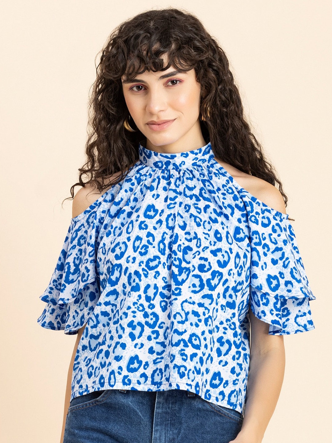 

Moomaya Animal Printed Cold-Shoulder Sleeves Top, Blue