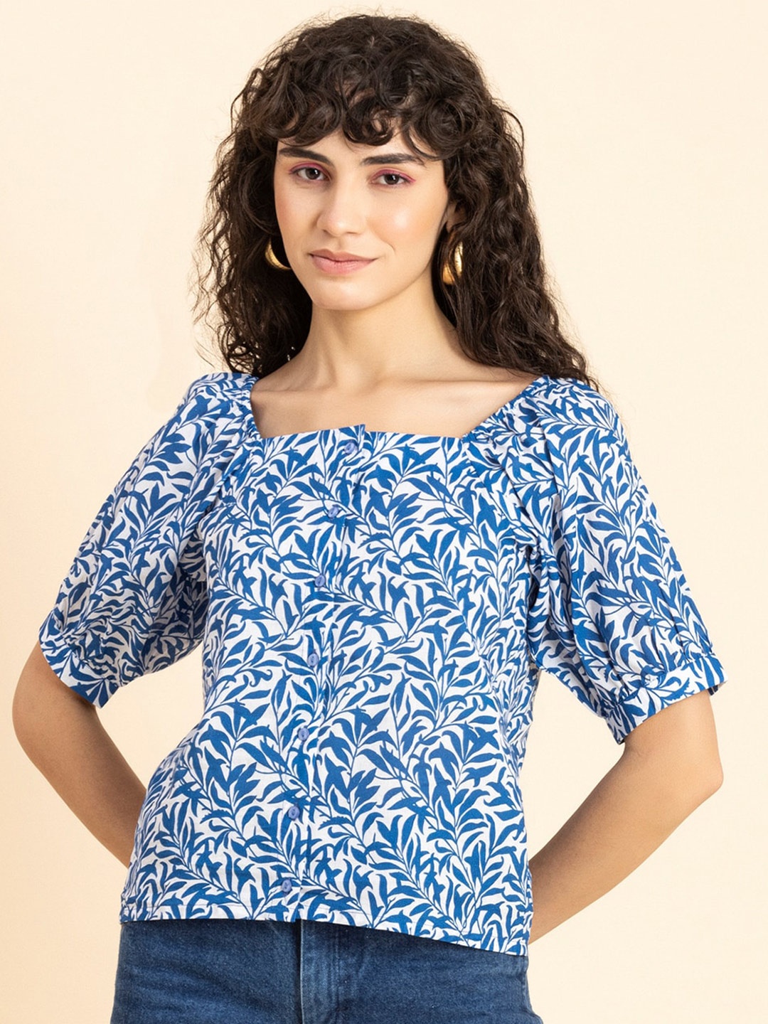 

Moomaya Floral Printed Puff Sleeve Cotton Top, Blue