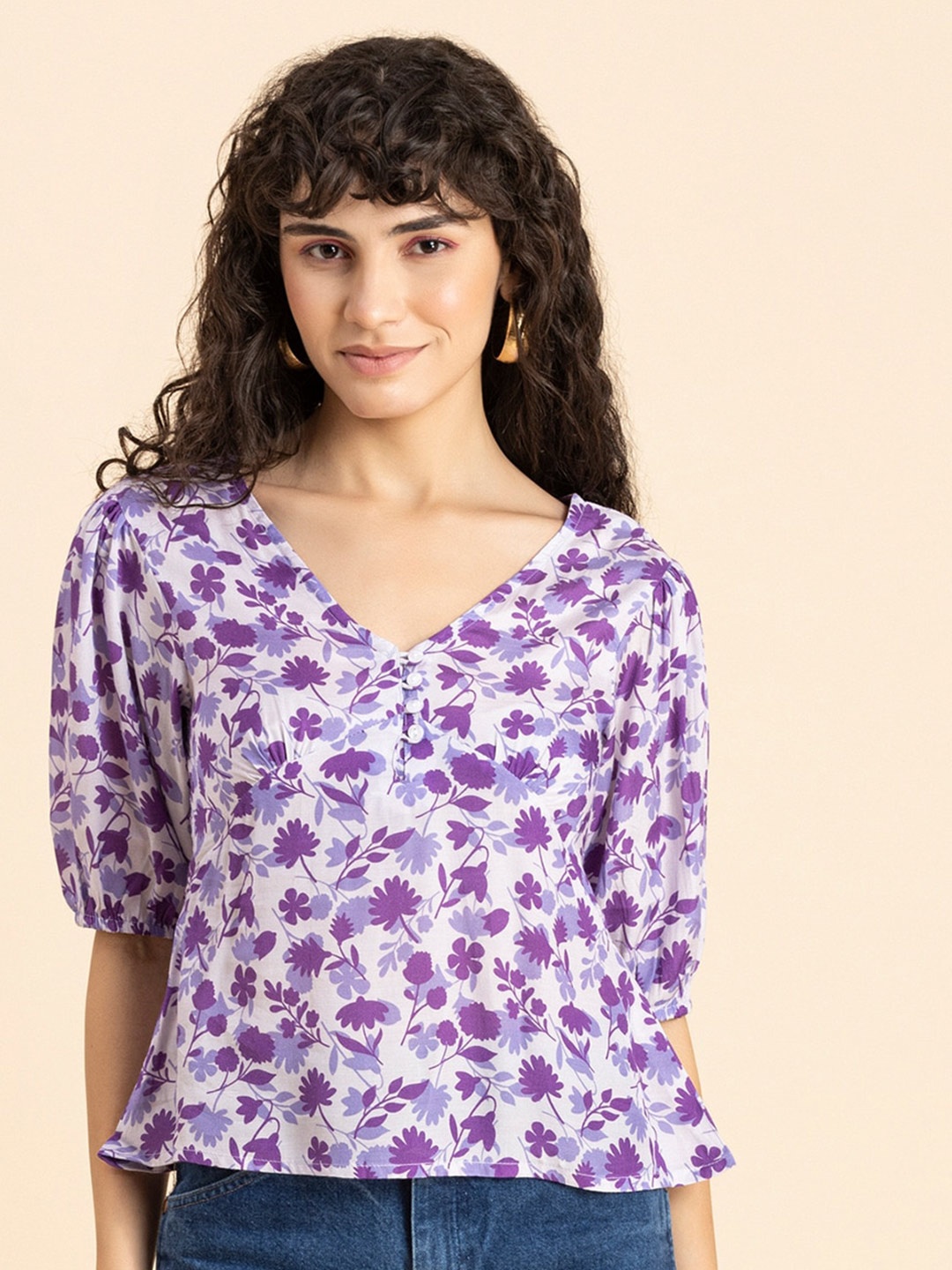 

Moomaya Floral Printed Puff Sleeves Top, Purple