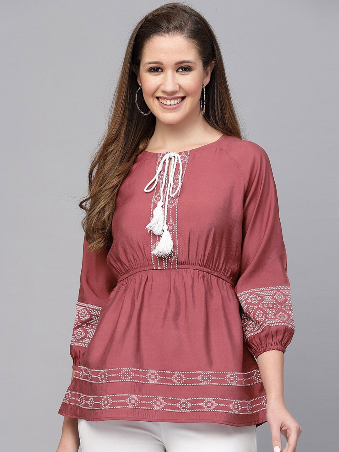 

Selvia Geometric Printed Tie-Up Neck Puff Sleeves Cinched Waist Top, Pink