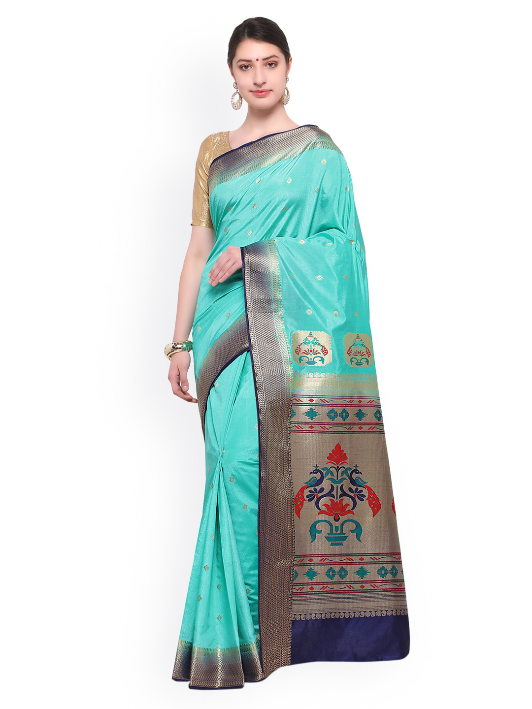 

Varkala Silk Sarees Turquoise Blue & Navy Blue Silk Blend Woven Design Saree