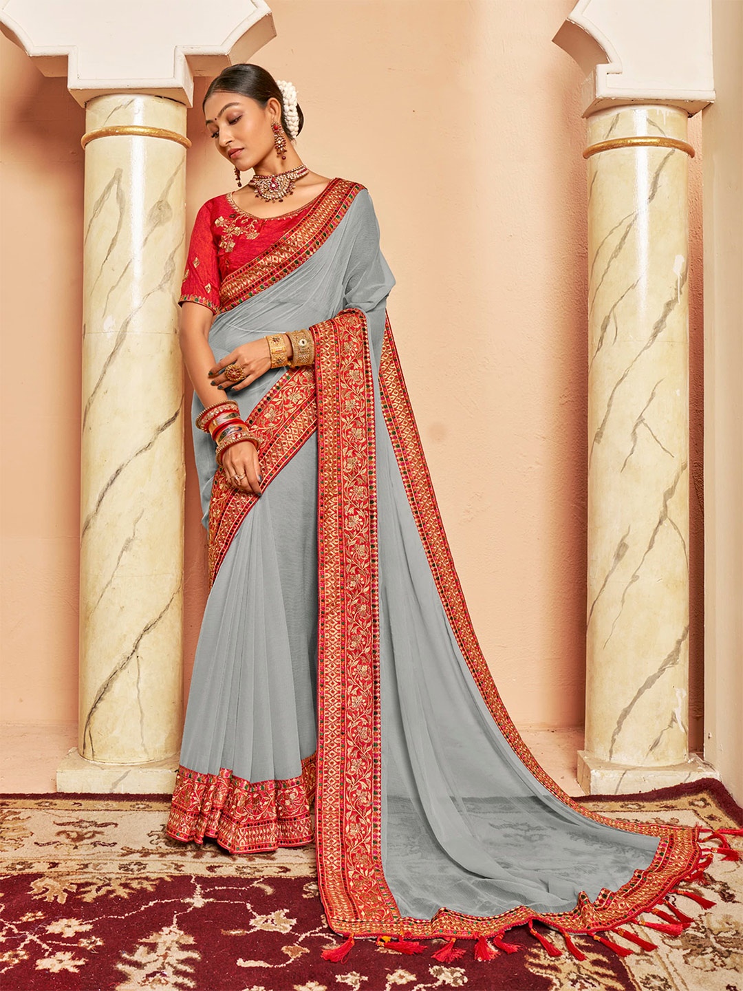 

SANSKAR Embroidered Pure Chiffon Saree, Grey