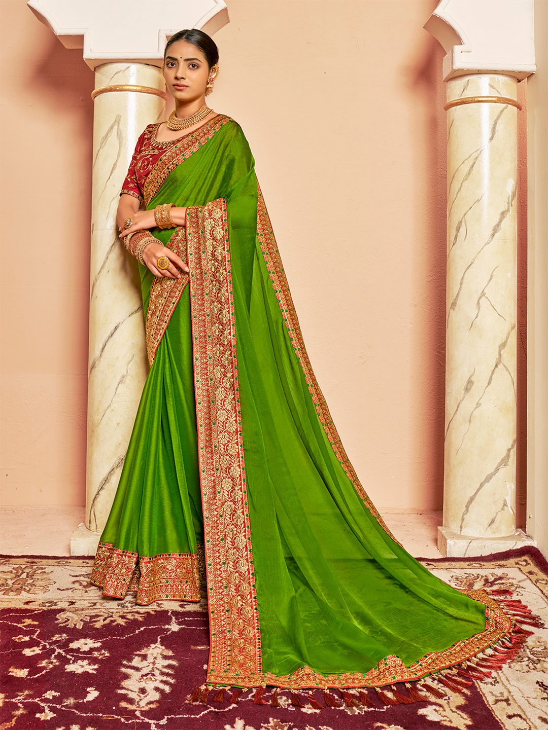 

SANSKAR Embroidered Pure Chiffon Saree, Green