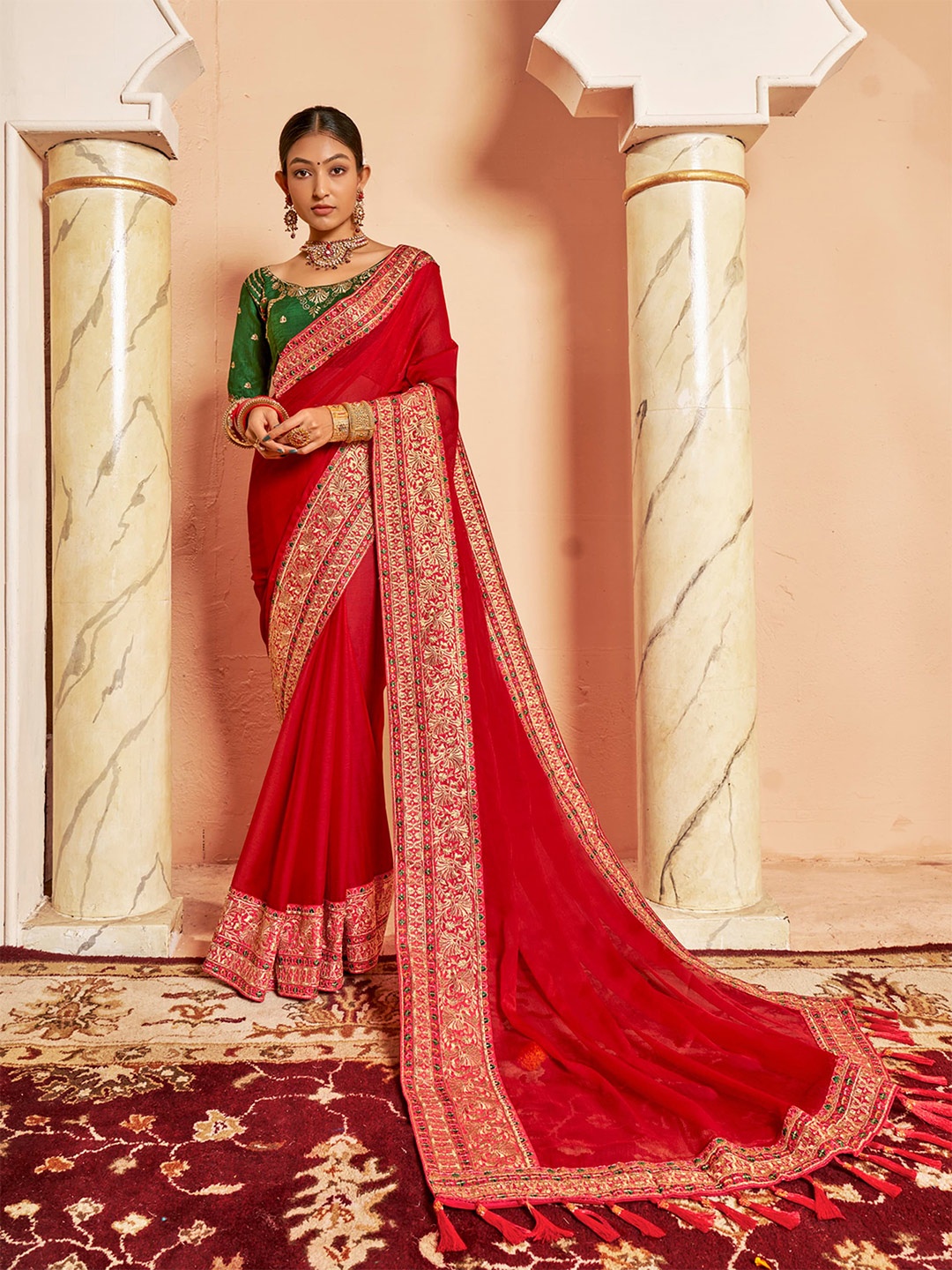 

SANSKAR Embroidered Pure Chiffon Saree, Maroon