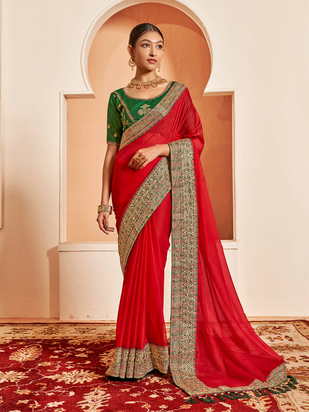 

SANSKAR Embroidered Pure Chiffon Saree, Red