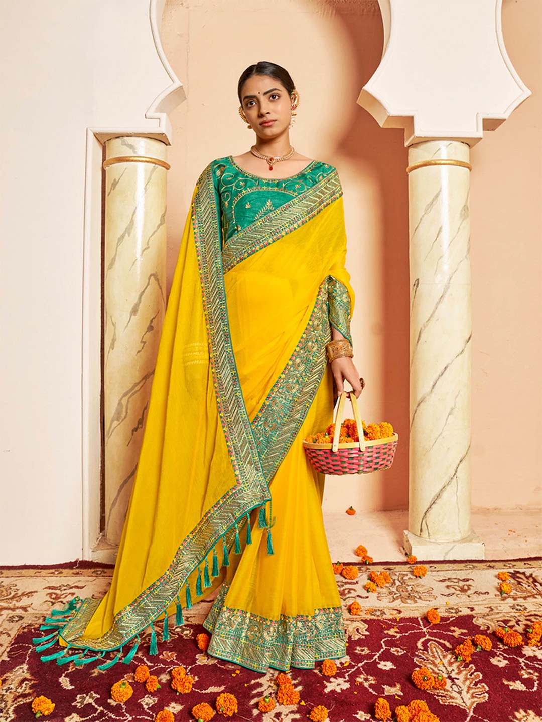 

SANSKAR Embroidered Border Pure Chiffon Saree, Yellow