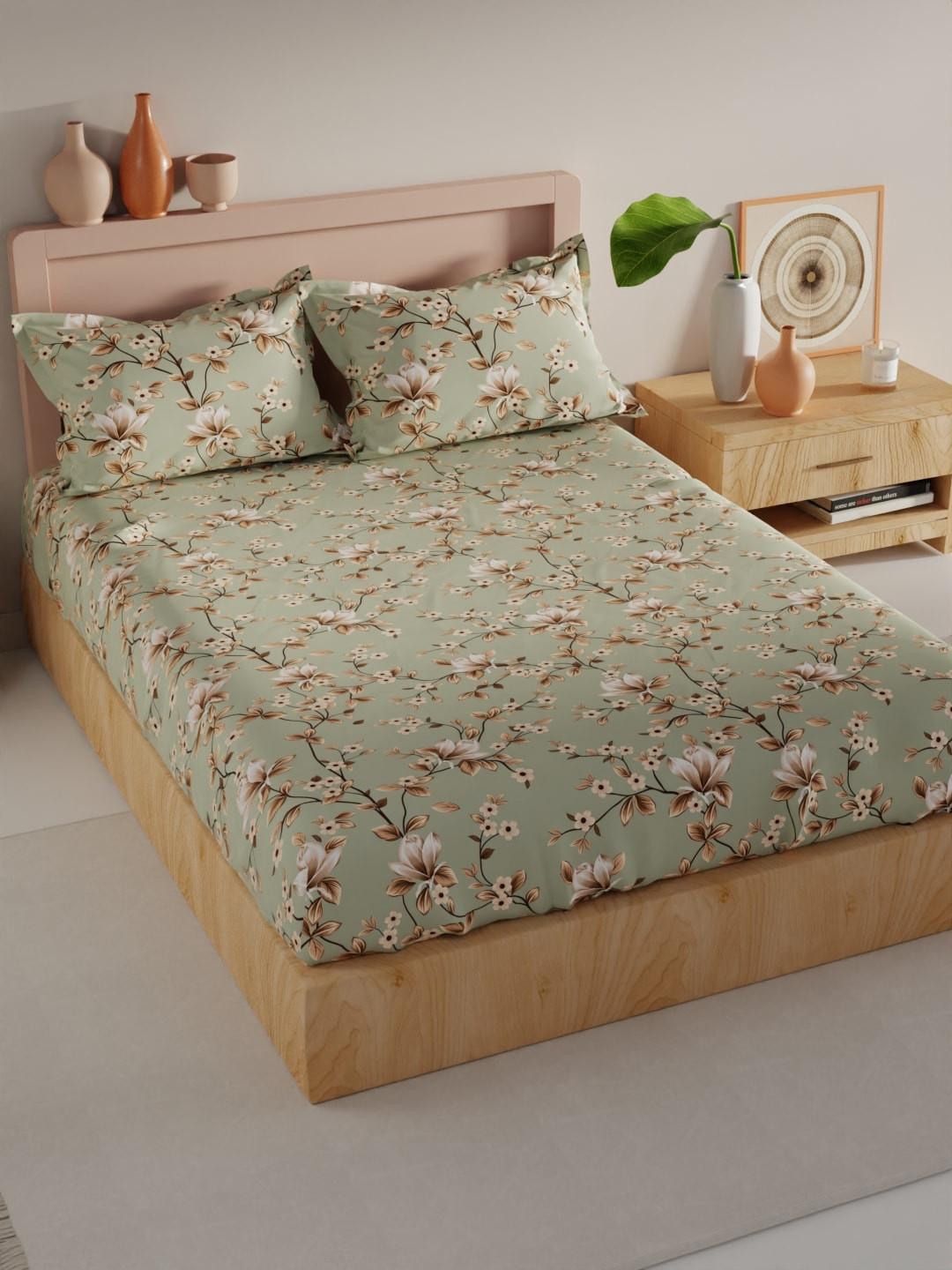 

BIANCA Geo Tokyo Green & White Floral 200 TC Microfiber King Bedsheet with 2 Pillow Covers