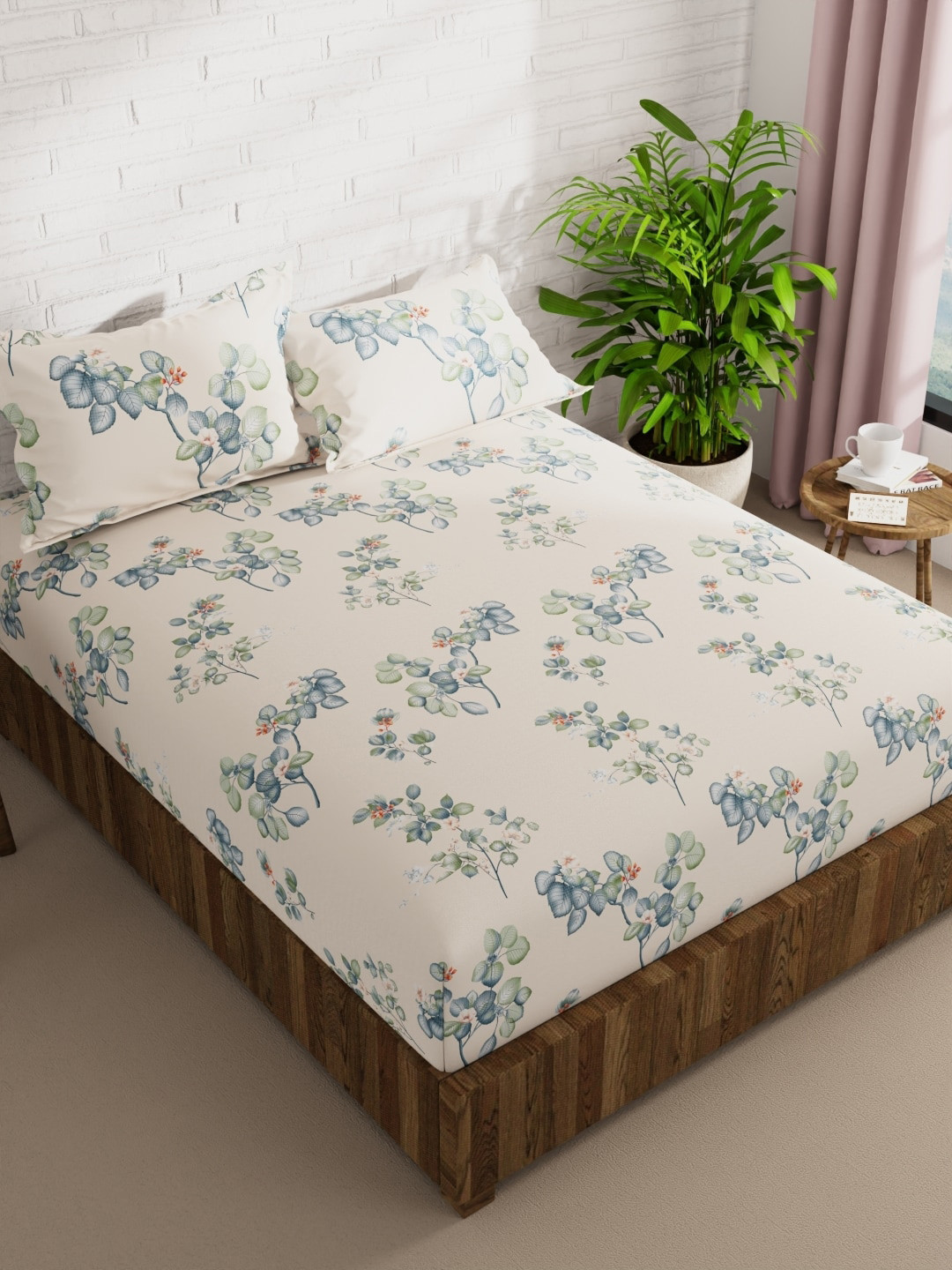 

KOPA Envogue Off White & Blue Floral Microfiber 152 TC Queen Bedsheet & 2 Pillow Covers