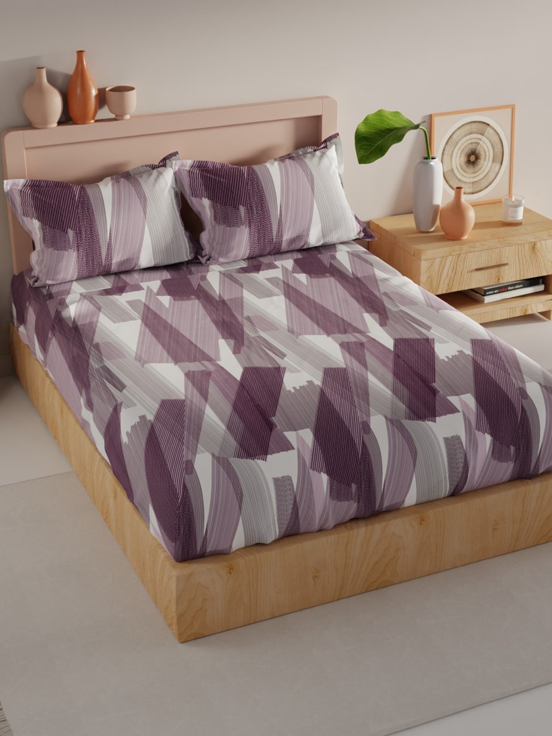 

BIANCA Geo Tokyo Purple & Grey 200 TC Microfiber King Bedsheet With 2 Pillow Covers