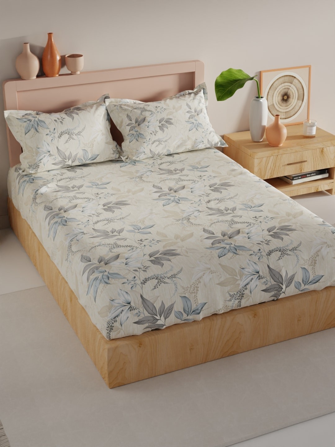 

BIANCA Geo Tokyo Off White & Grey Floral Microfiber 200 TC King Bedsheet & 2 Pillow Covers