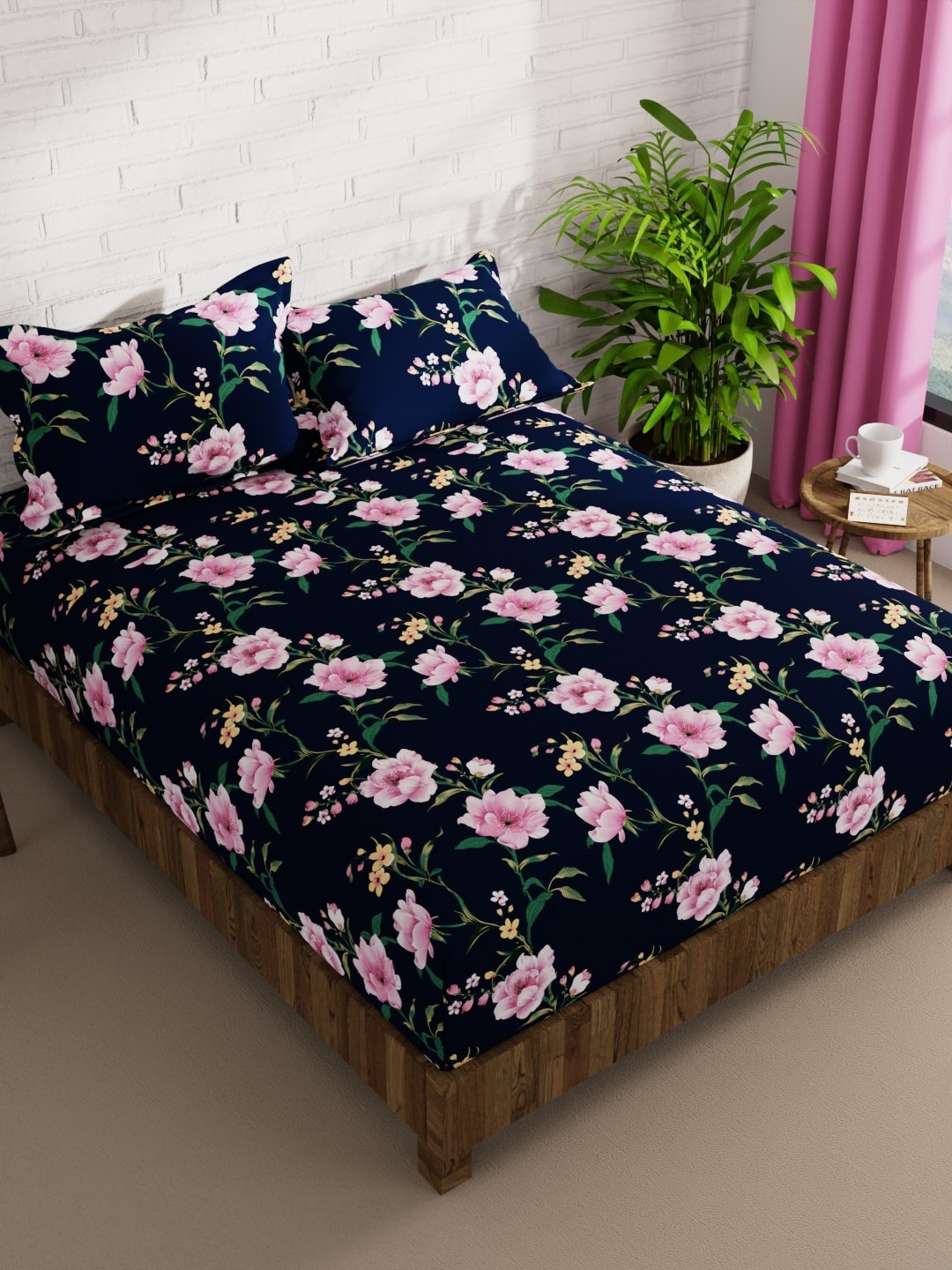

BIANCA Envogue Navy Blue Floral 152 TC Microfiber Queen Bedsheet with 2 Pillow Covers