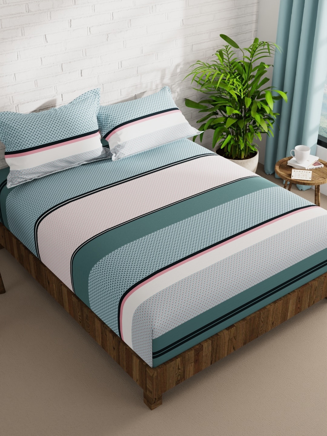 

BIANCA Envogue Blue & White Striped Microfiber 152 TC Queen Bedsheet With 2 Pillow Covers