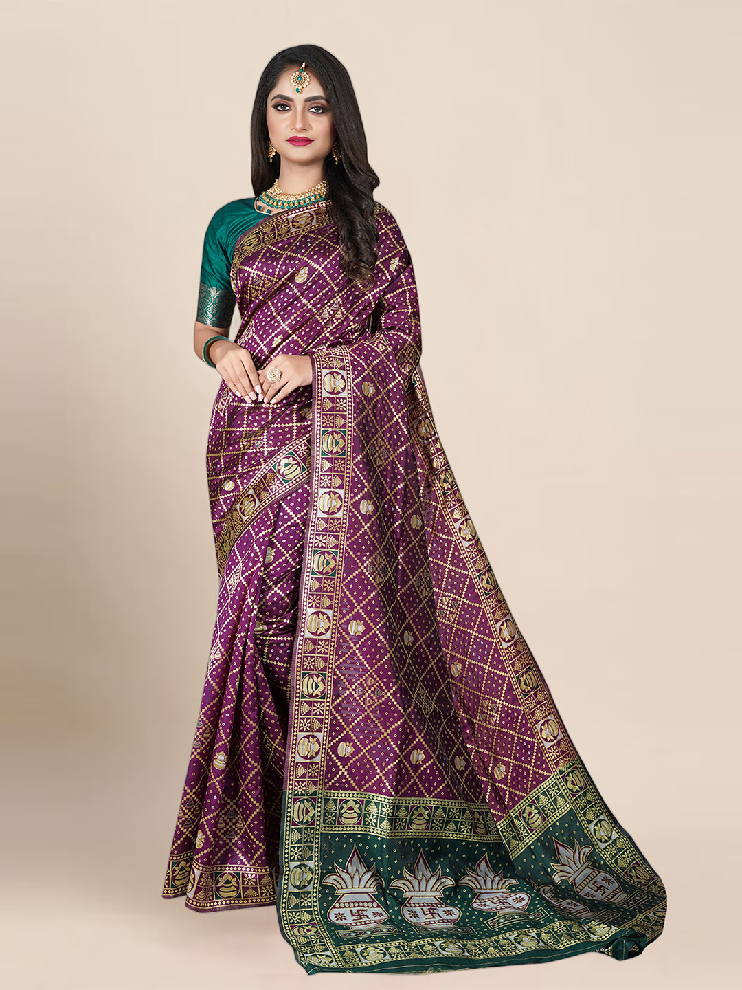 

Anjaneya Sarees Ethnic Motifs Woven Design Zari Banarasi Saree, Purple