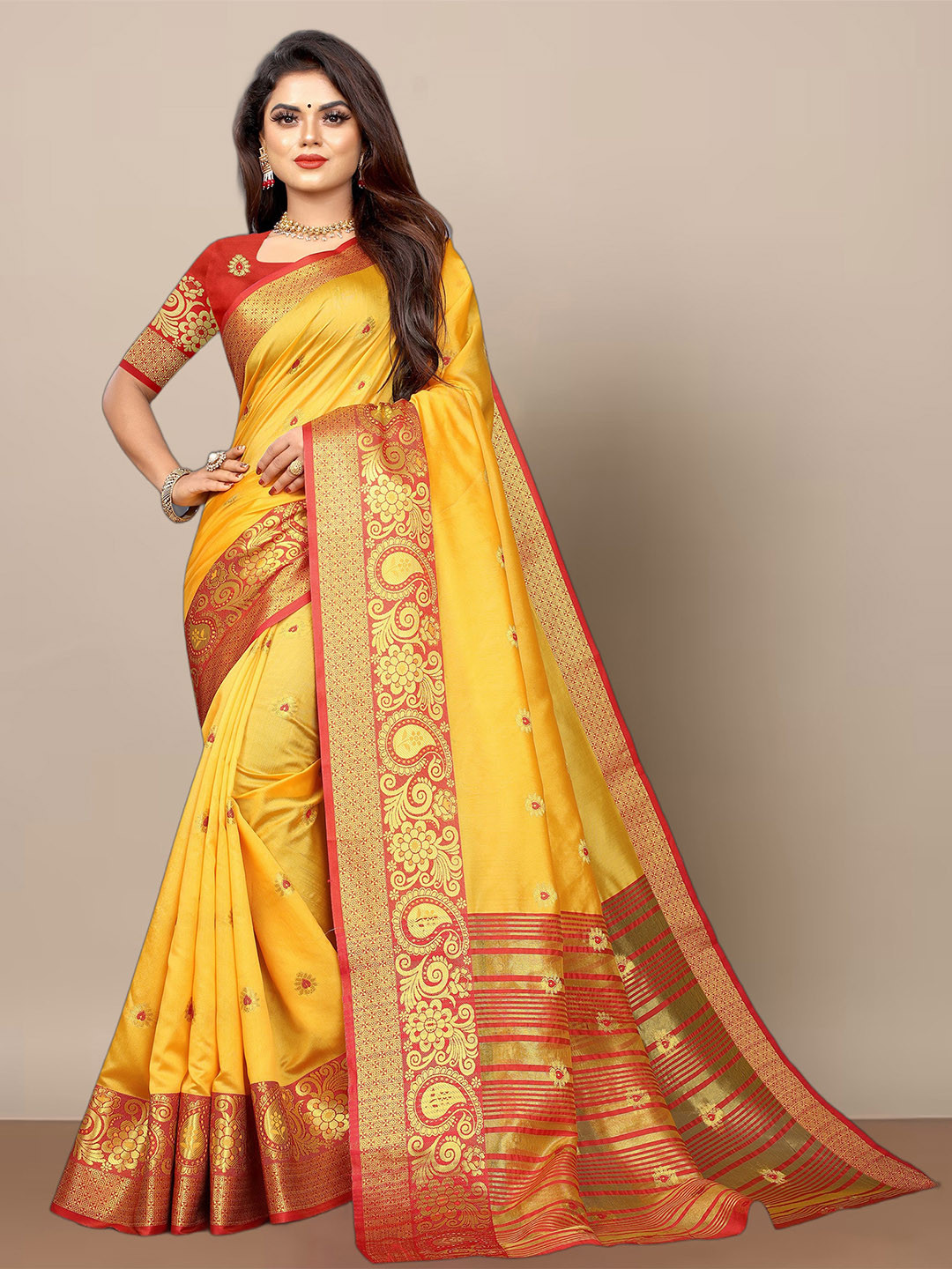 

Anjaneya Sarees Paisley Woven Design Zari Banarasi Saree, Yellow