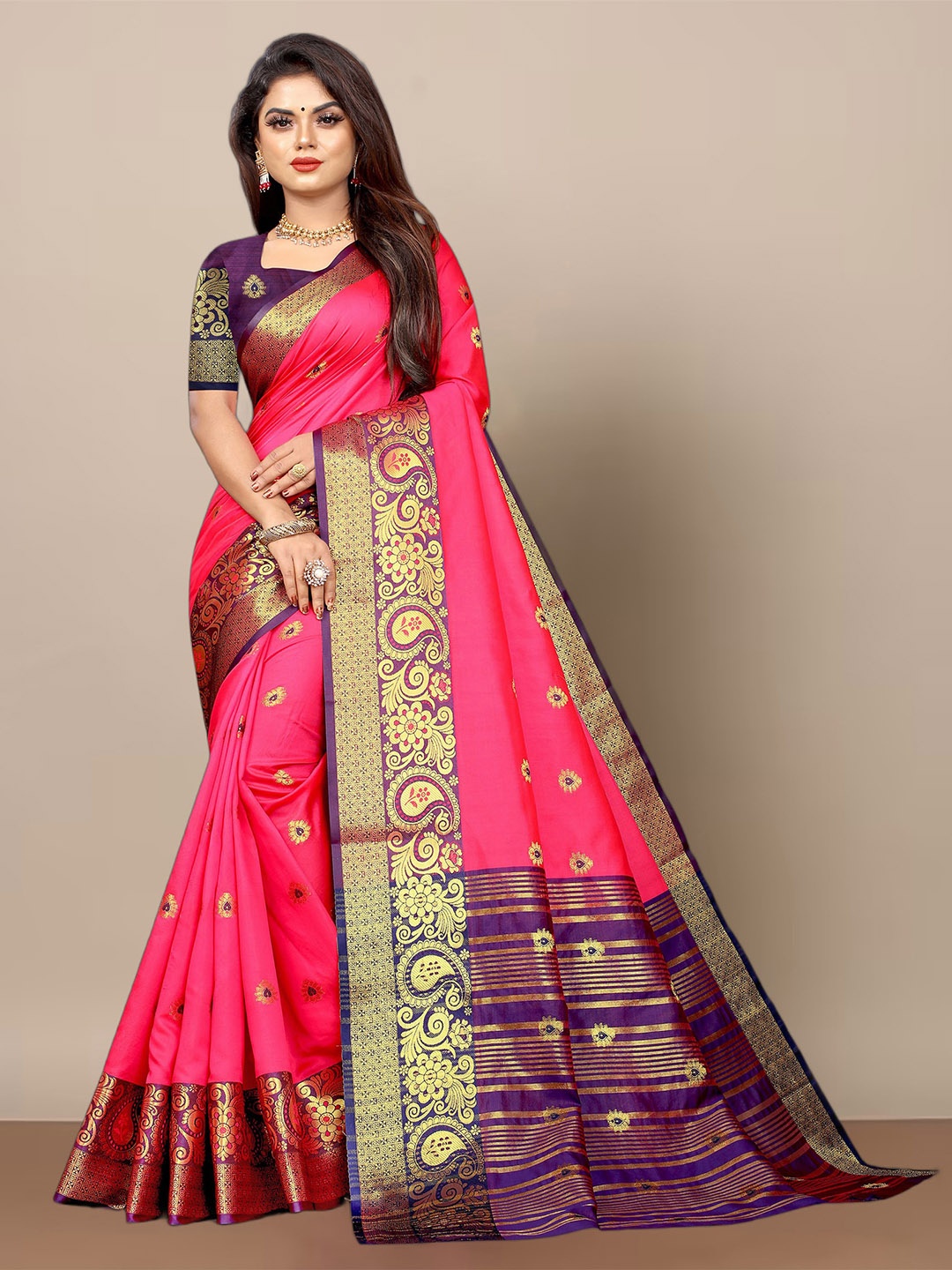 

Anjaneya Sarees Ethnic Motifs Woven Design Zari Banarasi Saree, Pink