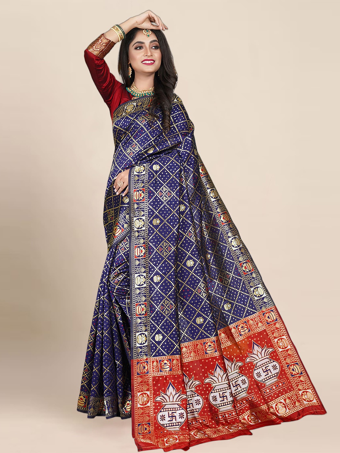 

Anjaneya Sarees Ethnic Motifs Woven Design Zari Banarasi Saree, Blue