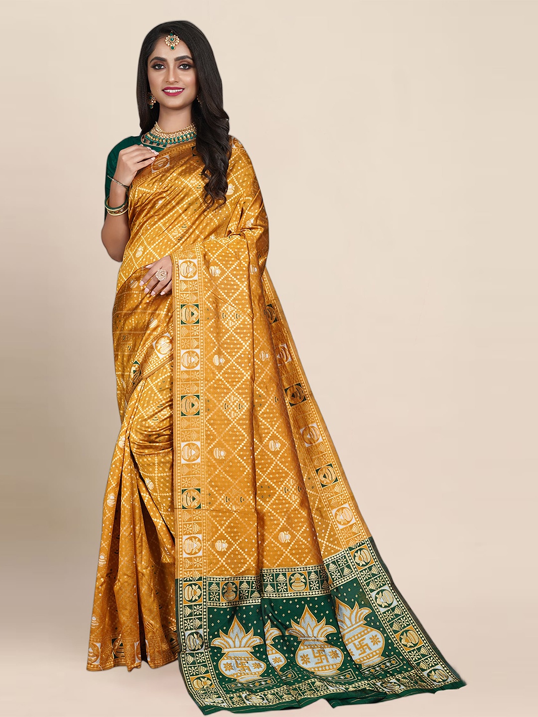 

Anjaneya Sarees Ethnic Motifs Woven Design Zari Banarasi Saree, Yellow
