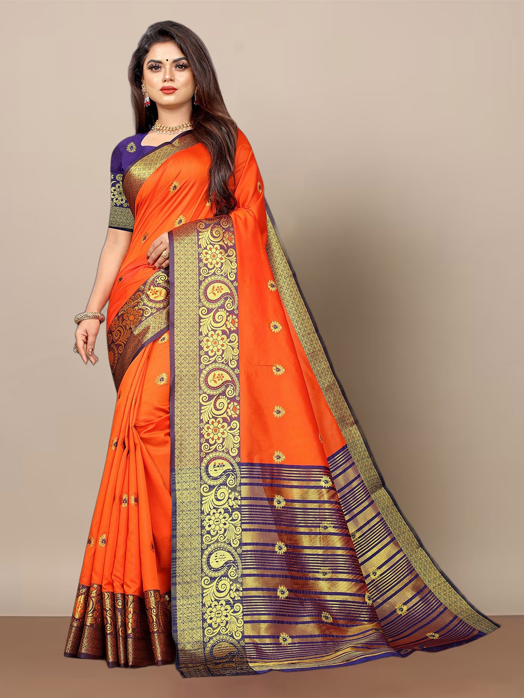 

Anjaneya Sarees Ethnic Motifs Woven Design Zari Banarasi Saree, Orange