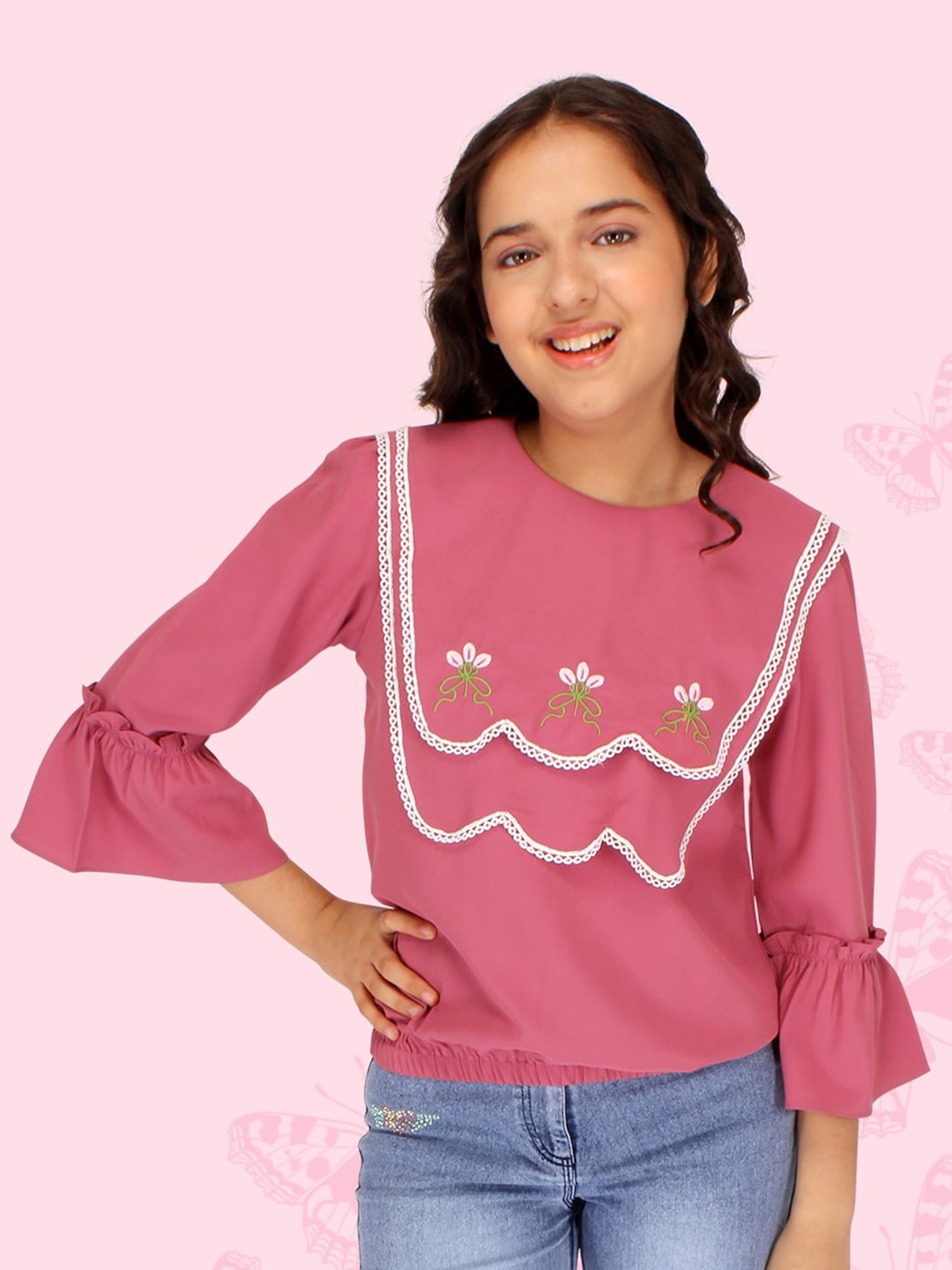 

CUTECUMBER Girls Floral Embroidered Round Neck Bell Sleeve Top, Pink