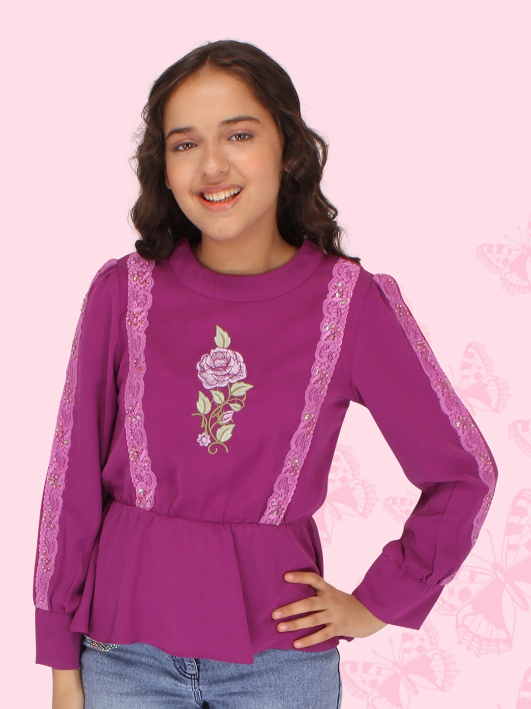 

CUTECUMBER Girls Floral Embroidered High Neck Cuffed Sleeve Top, Purple
