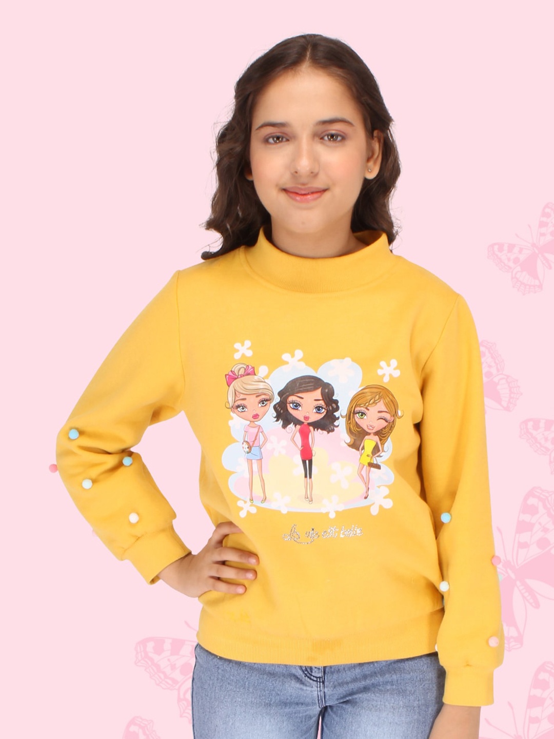 

CUTECUMBER Girls Graphic Printed High Neck Sweatshirt, Yellow