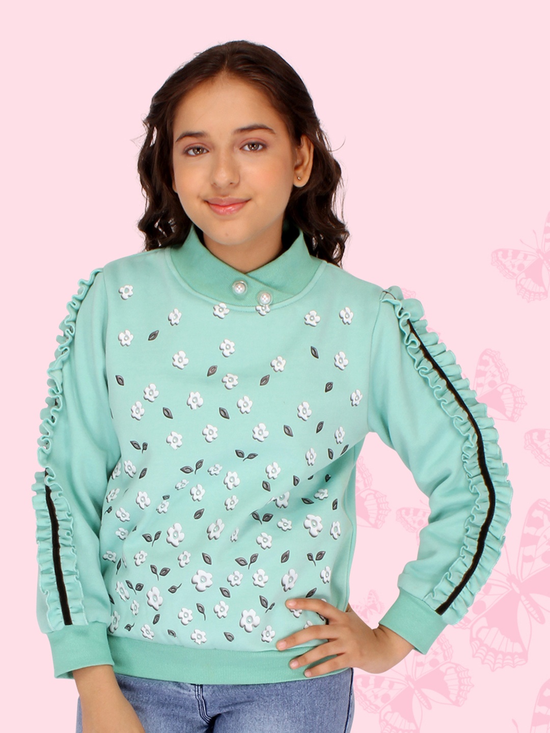 

CUTECUMBER Girls Graphic Printed High Neck Applique Sweatshirt, Sea green