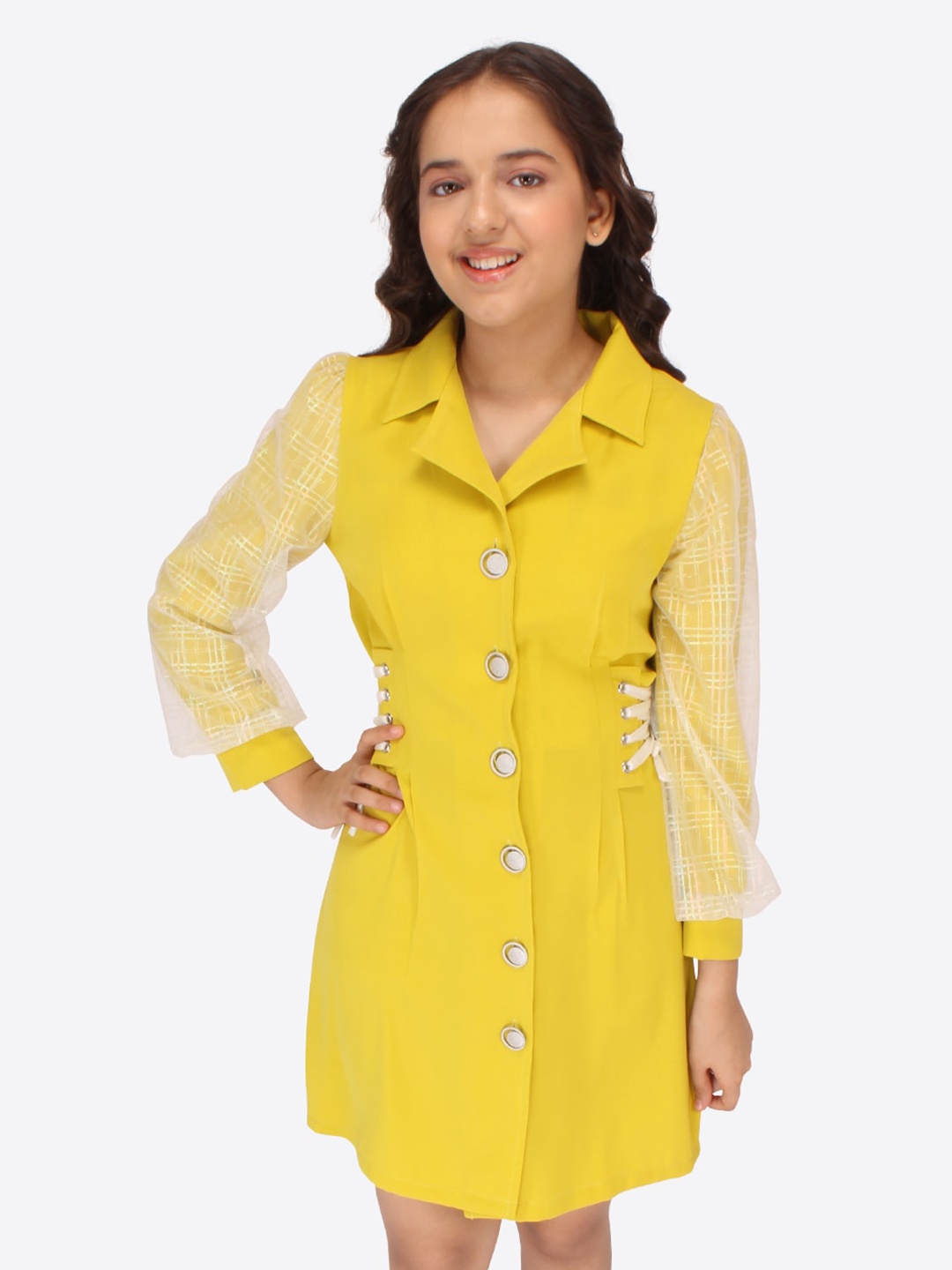 

CUTECUMBER Cuffed Sleeves Georgette Shirt Dress, Yellow