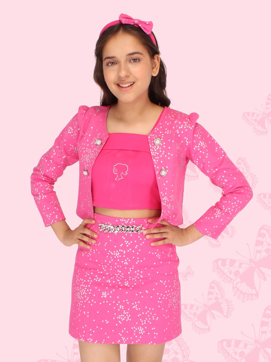 

CUTECUMBER Girls Barbie Embellished Crop Top & Skirt With Jacket & Hairband, Fuchsia