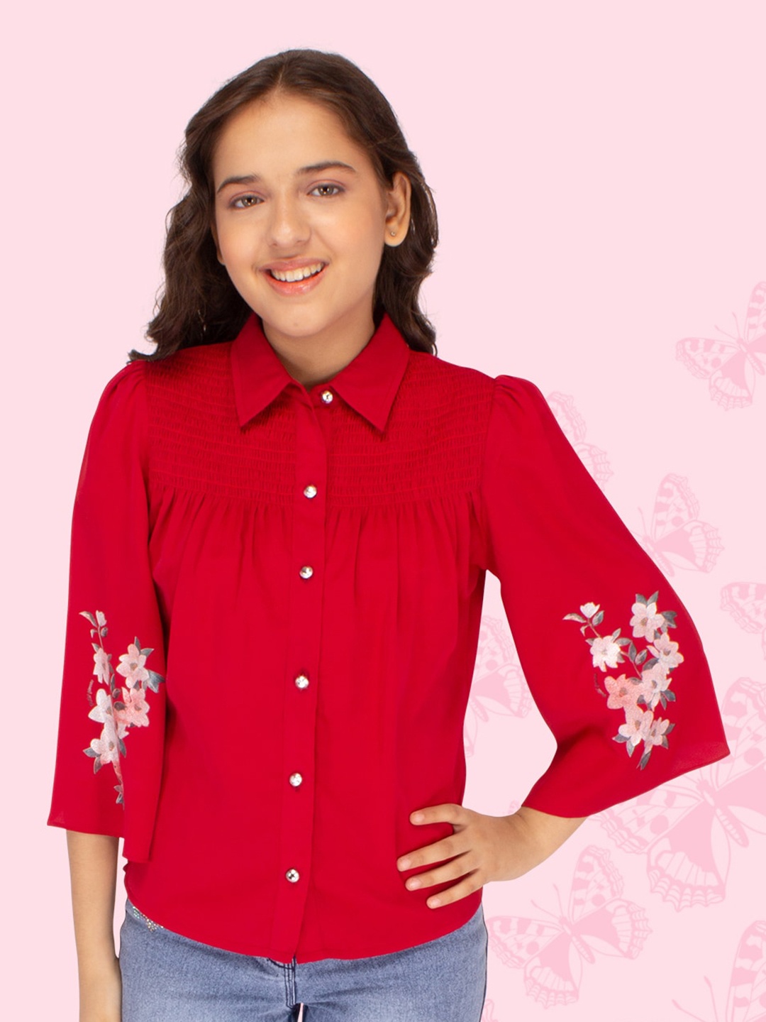 

CUTECUMBER Girls Floral Shirt Collar Flared Sleeve Shirt Style Top, Red