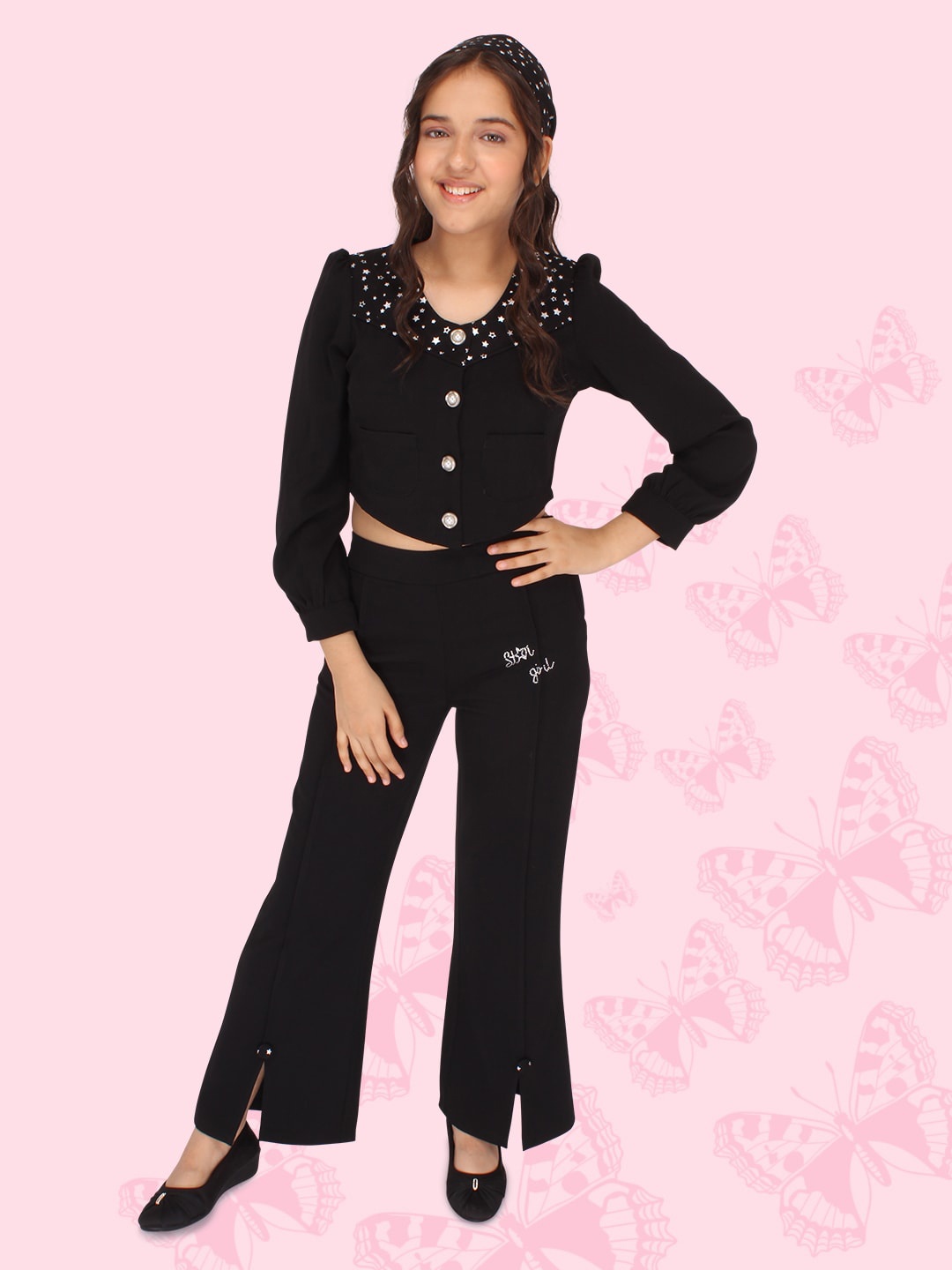 

CUTECUMBER Girls Embellished Top with Trousers, Black