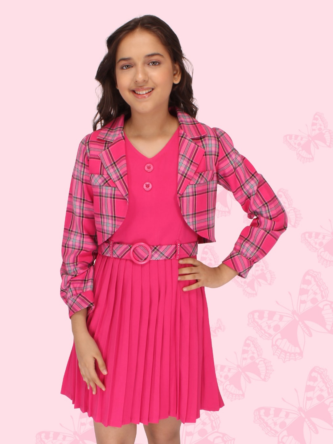 

CUTECUMBER Gathered And Pleated Fit & Flare Dress With Belt and Wasitcoat, Fuchsia