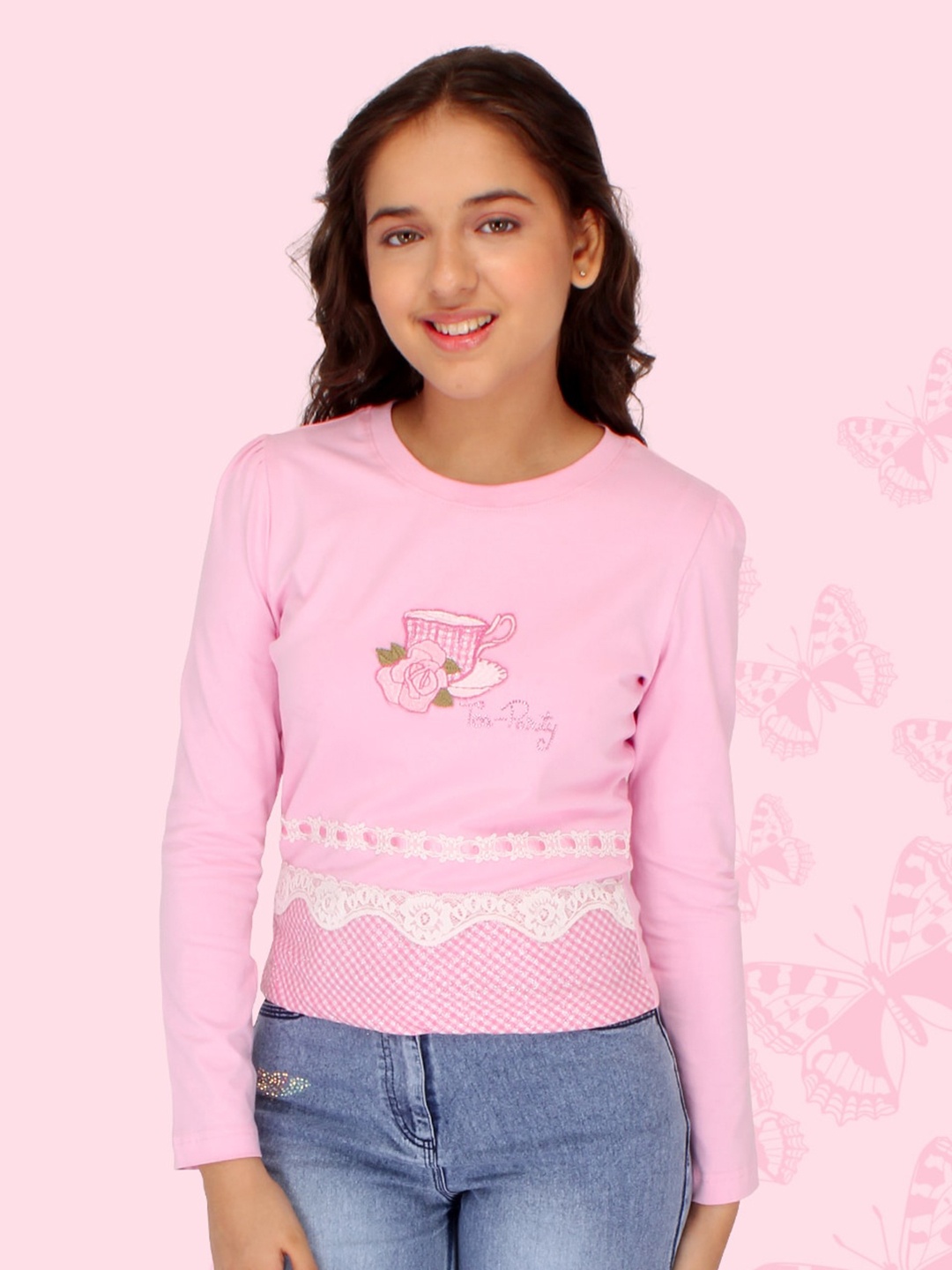

CUTECUMBER Girls Floral Embroidered Round Neck Long Sleeve Top, Pink