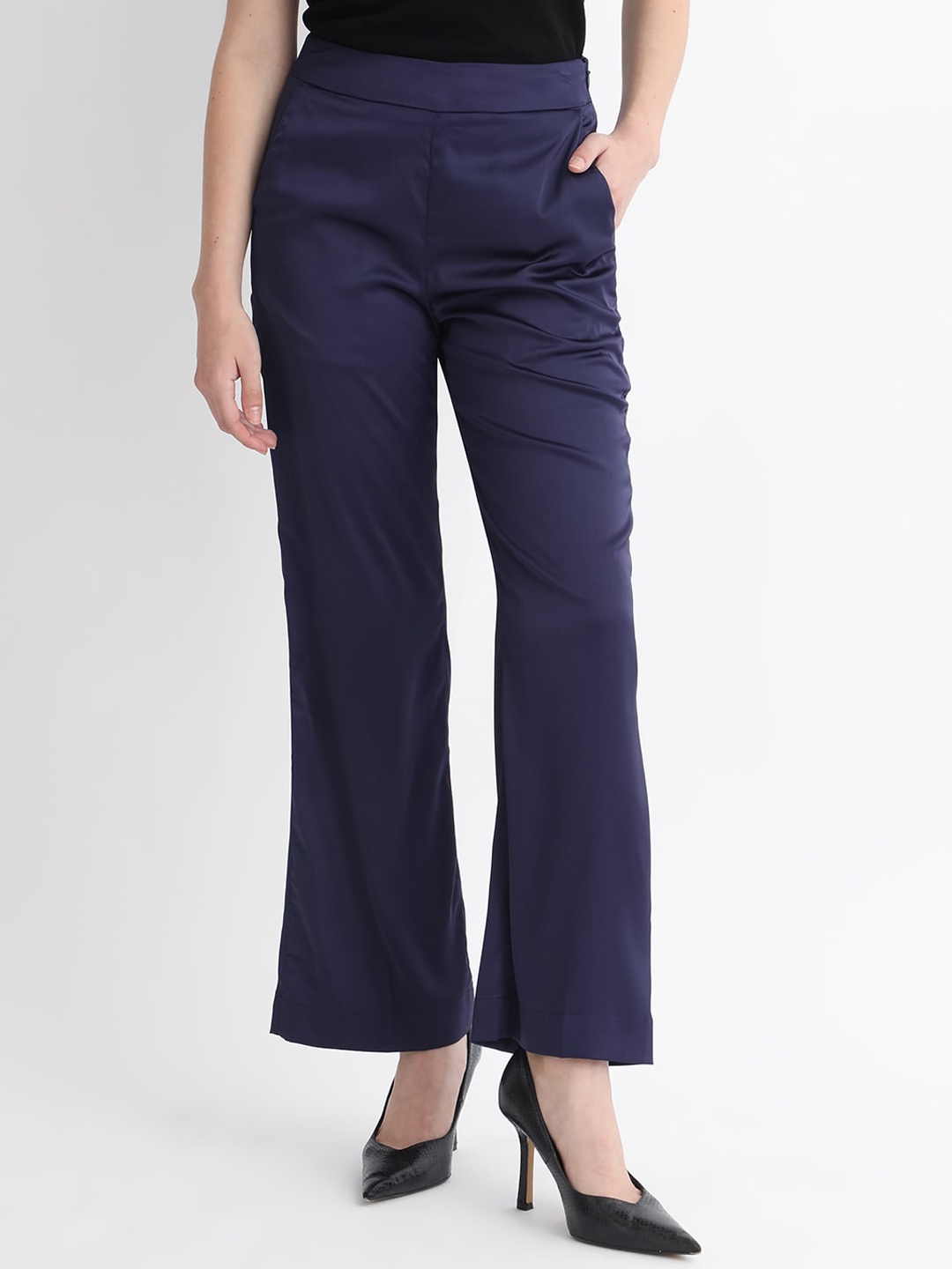 

RAREISM Women Slim Fit High-Rise Plain Satin Parallel Trousers, Blue