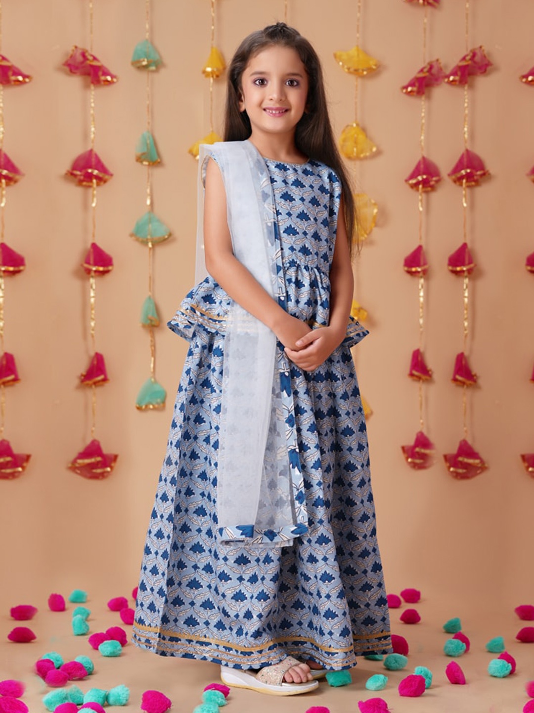 

House of Pataudi Girls Printed Ready To Wear Lehenga Choli, Blue
