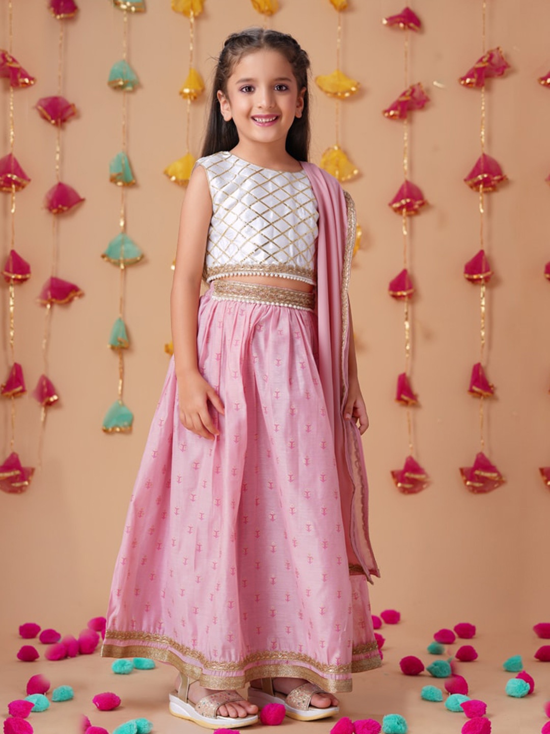 

House of Pataudi Girls Embroidered Ready To Wear Lehenga Choli With Dupatta, Pink